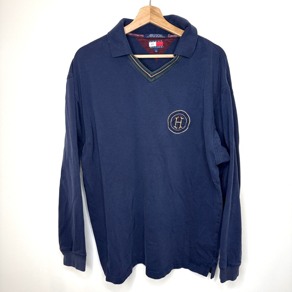 Vintage Y2K Tommy Hilfiger Polo Rugby Shirt Mens L Blue Embroidered Logo Preppy